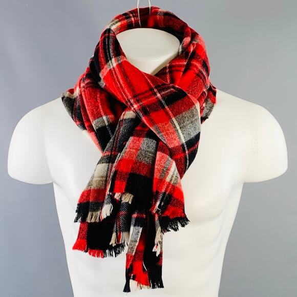 DSQUARED2 Red Black White Plaid Wool Blend Fringe Scarf - Picture 5 of 5